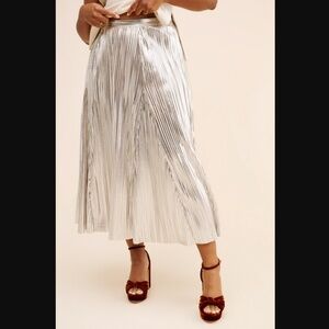 Anthropologie Metallic Pleated Silver Midi Skirt- Size M